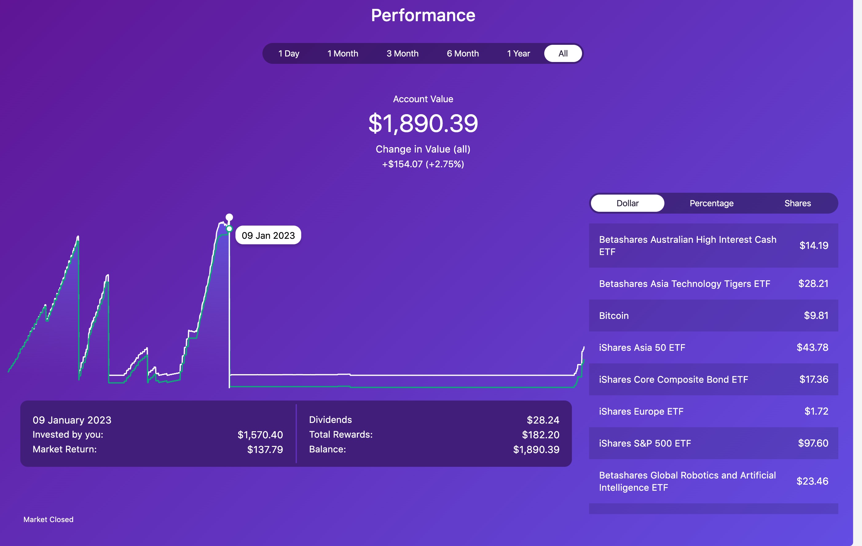 Raiz portfolio breakdown — diversified across ETFs